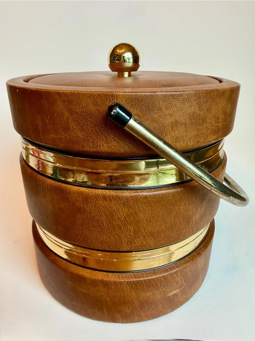 Vintage Faux Leather Ice Bucket Gold Tone Handle Mid Century Barware Brown